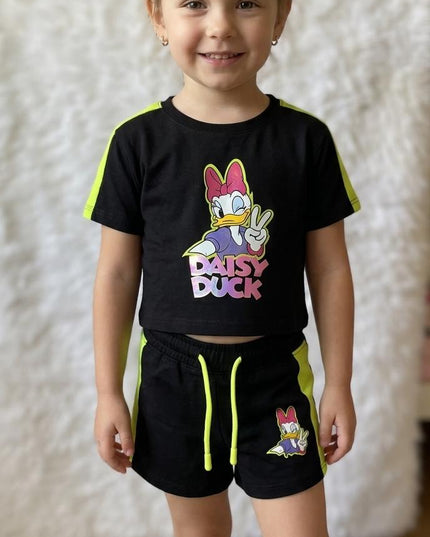 He and She Girls Daisy Duck Printed Co-ord Set | Trendy Black T-Shirt & Shorts Set for Kids