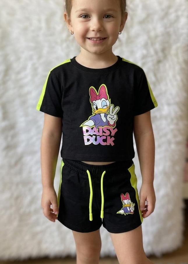 He and She Girls Daisy Duck Printed Co-ord Set | Trendy Black T-Shirt & Shorts Set for Kids