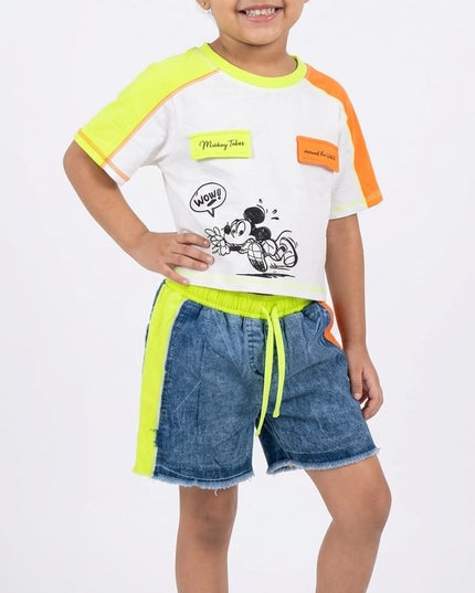 He and She Girls Neon Color Block Co-ord Set with Denim Shorts for Kids