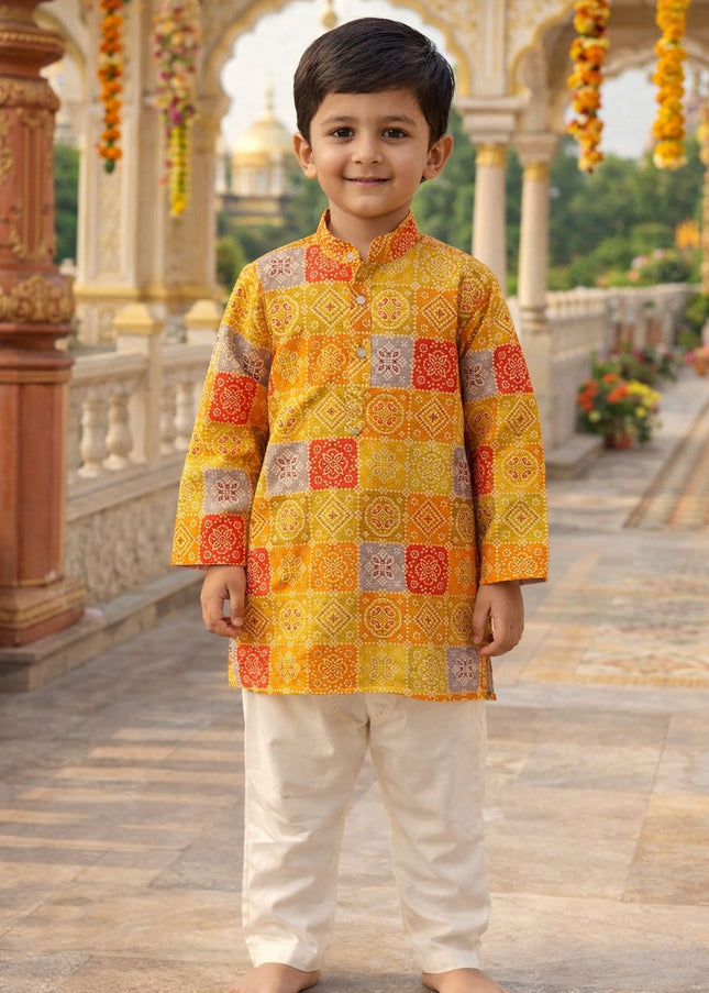 He & She Boys Festive Printed Kurta Set with Pajama – Yellow Ethnic Wear