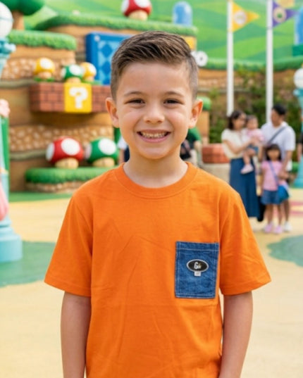 Boys Orange Cotton T-Shirt with Denim Pocket | Casual Kids Wear by He & She