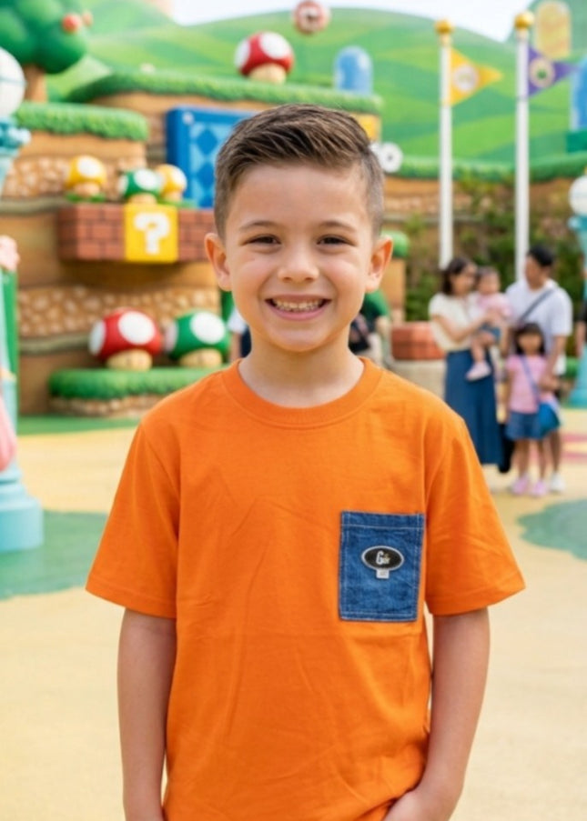 Boys Orange Cotton T-Shirt with Denim Pocket | Casual Kids Wear by He & She
