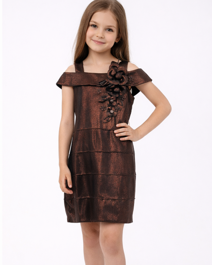 Girls Metallic Floral Off Shoulder Dress | Kids Party Wear Shimmer Dress